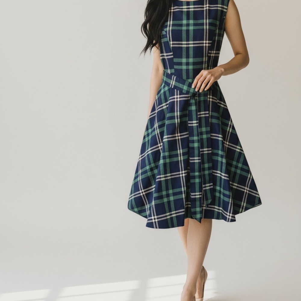 Plaid Sleeveless Dress - Blue and Green - vintage cocktail dress
